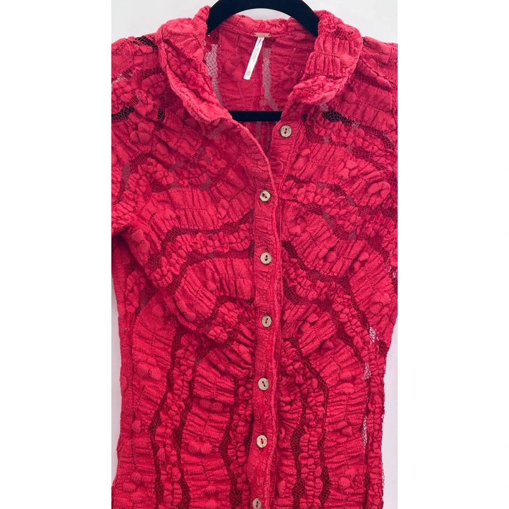 Free People XS Red Sheer Stretch Lace Button Front Tunic Dress Unlined Layering